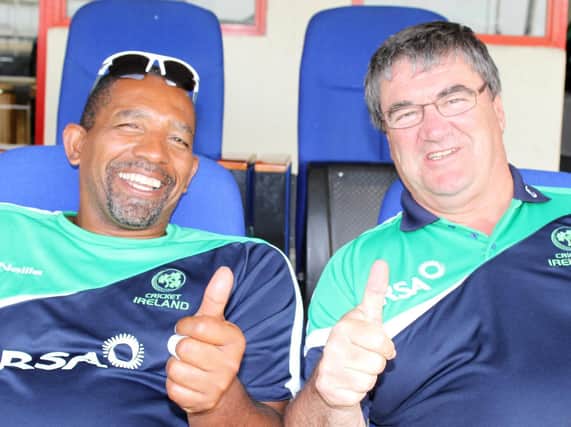 The late great Roy Torrens gives the thumbs up along with former Ireland coach Phil Simmons. Mr Torrens was named as winner of the ‘Outstanding Contribution and Service to Irish Cricket’ category - an award dedicated to the memory of the late John Wright. Picture courtesy Barry Chambers