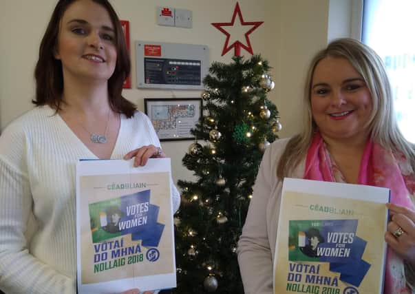 Sinn Féin’s Caoimhe McKnight and Sandra Duffy launching one of the last ever editions of the Christmas postal service.
