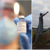 Vaccinations (file picture, PressEye) and the statue of the Celtic sea god Manannan MacLir  in County Derry looking out over the River Foyle towards County Donegal (Derry Journal).
