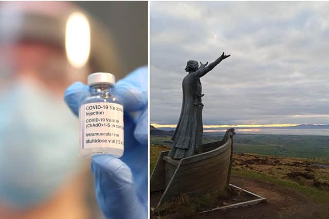 Vaccinations (file picture, PressEye) and the statue of the Celtic sea god Manannan MacLir  in County Derry looking out over the River Foyle towards County Donegal (Derry Journal).