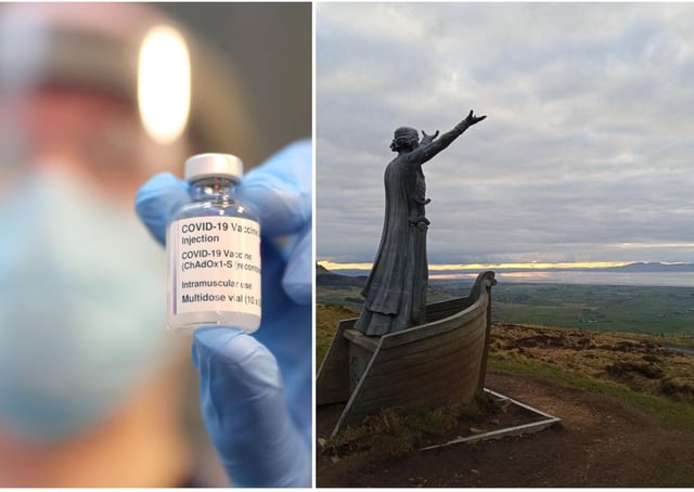 Vaccinations (file picture, PressEye) and the statue of the Celtic sea god Manannan MacLir in County Derry looking out over the River Foyle towards County Donegal (Derry Journal).