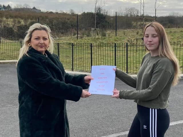 Tamzin White with Karen Mullan MLA, who will present the petition to Health Minister Robin Swann.