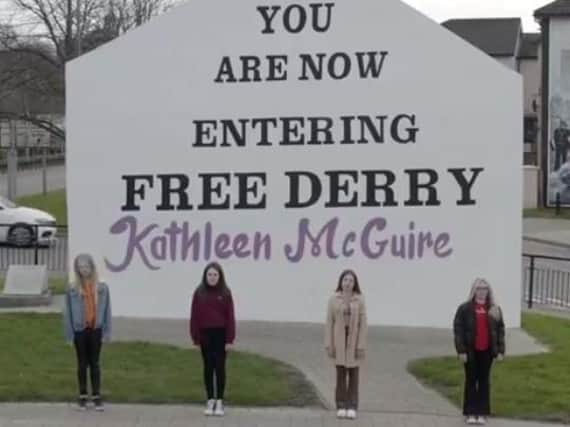 Amber Archibald, Katie Nash, Ava Whoriskey and Clara Hutton at Free Derry corner.