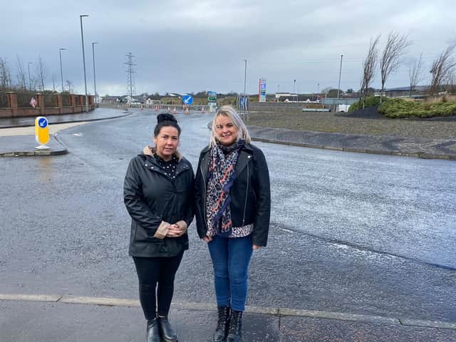 Sinn Fein Councillor Sandra Duffy and Nicola Mullan, Manager of Skeoge Support Hub, close to where a new safety crossing is being installed on the Skeoge Link Road.