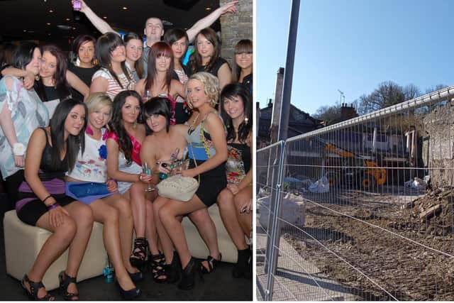 Local people enjoy a birthday celebration back in the day and the demolition work ongoing at the former Earth/ Cafe Roc nightclub complex.