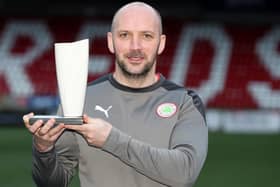 Cliftonville manager Paddy McLaughlin with his February ‘Manager of the Month’ award.