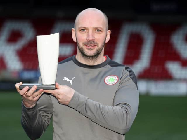 Cliftonville manager Paddy McLaughlin with his February ‘Manager of the Month’ award.