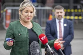 Deputy First Minister Michelle O'Neill and Health Minister, Robin Swann, pictured during a visit to the Ulster Hospital vaccination centre - First Minister Arlene Foster also visited the centre.