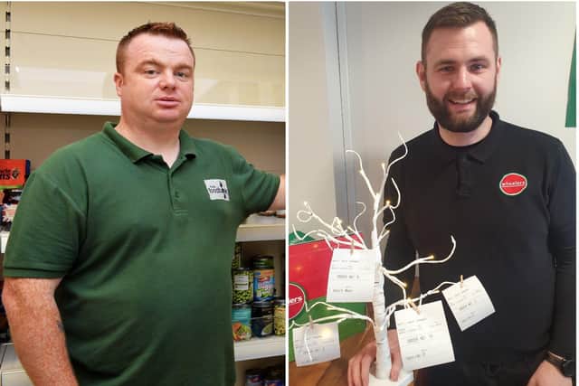 Left, James McMenamin, manager, Foyle Foodbank, and right,  Patrick Kennedy, manager and owner of Wheelers.