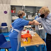 Prime Minister Boris Johnston greets Western Trust Vaccination Team Staff.