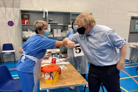Prime Minister Boris Johnston greets Western Trust Vaccination Team Staff.