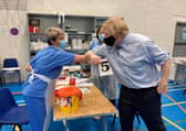 Prime Minister Boris Johnston greets Western Trust Vaccination Team Staff.