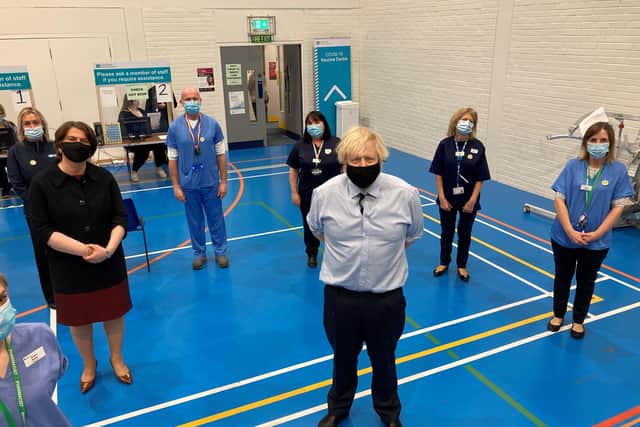 Prime Minister Boris Johnson and First Minister Arlene Foster meet Western Trust Vaccination staff at Lakeland Forum, Enniskillen.