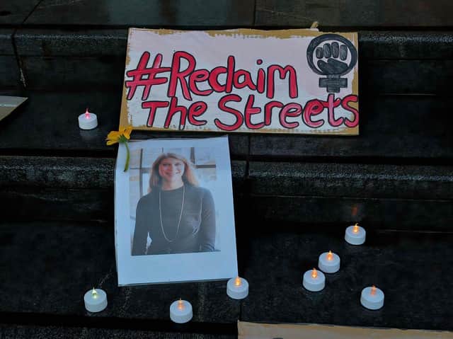 A photograph of Sarah Everard beside candles on the Guildhall steps on Saturday evening last. DER2110GS – 115
