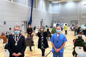 The Mayor Brian Tierney with health staff at Foyle Arena.