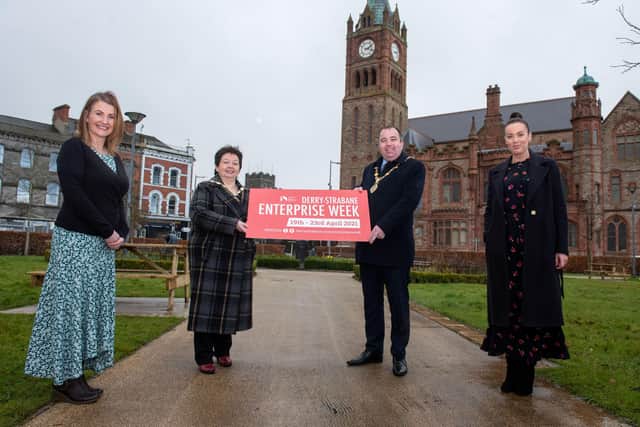 The Mayor Councillor Brian Tierney and Londonderry Chamber of Commerce President Dawn McLaughlin pictured with Emma McGill, Strabane Town Centre Development Manager and Louise Breslin, Business Development Manager at the launch of Derry City and Strabane District Council’s annual Enterprise week