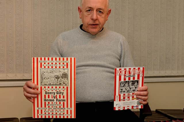 Brian Dunleavy pictured with the first and last programmes from his unbroken collection which spans 36 years.