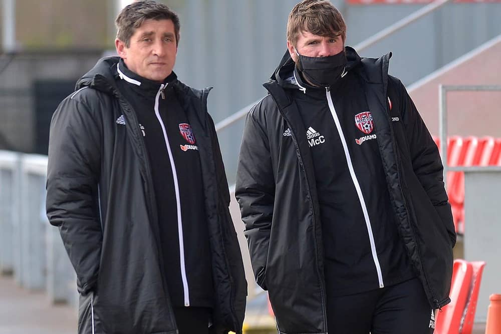 Derry City manager, Declan Devine and Technical Director, Paddy McCourt arrive at training at Brandywell.
