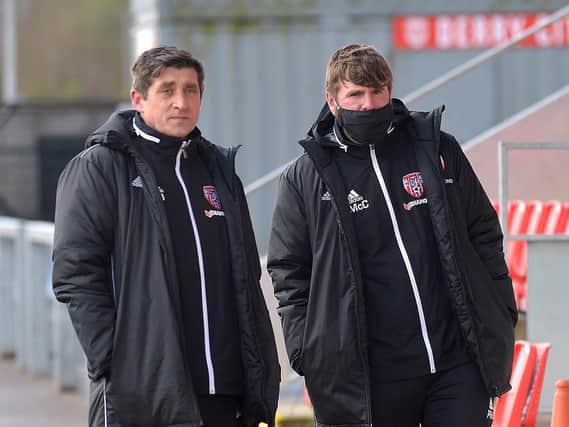 Derry City manager, Declan Devine and Technical Director, Paddy McCourt arrive at training at Brandywell.