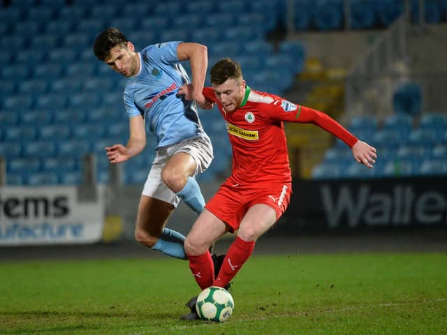 Longford Town defender Joe Gorman pictured playing for Cliftonville against Ballymena's Adam Leckey.