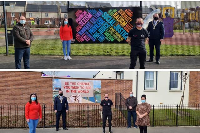 Positive messaging boards placed around Ballyarnett area by On Street Community Youth at Glenabbey Play Park and Skeoge Community Hub.