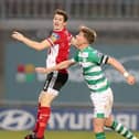 Ciaran Coll pictured in action against Shamrock Rovers' Ronan Finn.