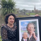Bernie and Fiachra McGuinness, wife and son of the late Martin McGuinness, with the new portrait.