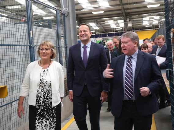 Former Taoiseach Leo Varadkar, with Julie Sinnamon, CEO of Enterprise Ireland and Philip O’Doherty, Managing Director, E&I Engineering, during his visit to E+I Engineering in Burnfoot, Co Donegal to announce 90 new jobs back in 2018.