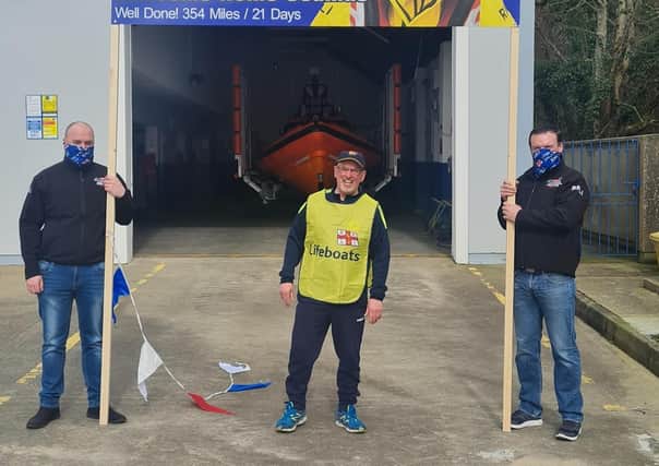 Seamus pictured at the finish line - the Lough Swilly RNLI headquarters at Ned's Point.