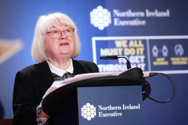 Patricia Donnelly, Head of the Covid-19 Vaccine Programme pictured at a previous press conference in Parliament Buildings, Stormont.  Photo by Kelvin Boyes / Press Eye.