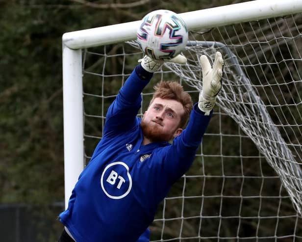 Northern Ireland goalkeeper Nathan Gartside in action during Monday's training session, at Stormont. Picture by William Cherry/Presseye