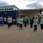 MAY 2020: Local health and care staff show their appreciation for and clap for the support given to NHS frontline staff by the public. DER2020GS – 040