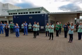 MAY 2020: Local health and care staff show their appreciation for and clap for the support given to NHS frontline staff by the public. DER2020GS – 040