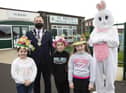 Mayor Brian Tierney with the Easter Bunny prize winner Hannah Browse (centre) a pupil at St. Brigid's PS. Also included are Year 4 class Easter bonnet winners Grace Campbell and, on right, Jenna McShane. ?