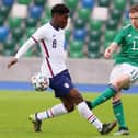 Northern Ireland's Shane Ferguson gets his pass away before USA winger Yunus Musah could challenge. Picture courtesy Jonathan Porter/PressEye