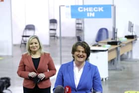 PACEMAKER, BELFAST, 29/3/2021: First Minister Arlene Foster and Deputy First Minister Michelle O'Neill,  at the opening of the new Northern Ireland mass vaccination centre at the SSE Arena, in Belfast this morning.
PICTURE BY STEPHEN DAVISON