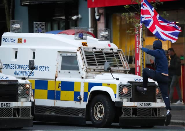 Press Eye - Belfast - Northern Ireland - 2nd April 2021
Loyalists involved in disturbances with the PSNI in the Donegall Road, Sandy Row area of south Belfast after the police moved in to disperse a crowd taking part in a protest at Shaftsbury Square.
The loyalists said they were calling for the PSNI to be dismantled and telling the leaders in Stormont the the lockdown is dead.
Photo by Kelvin Boyes / Press Eye.