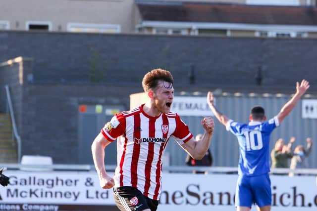 Derry City defender Cameron McJannet celebrates as he scores the equaliser on the stroke of half-time. Photo by Kevin Moore.