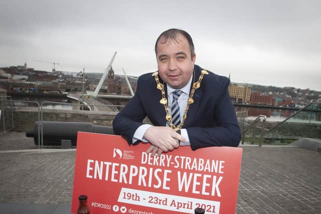ENTERPRISE WEEK. . . . .The Mayor of Derry City and Strabane District Council, Brian Tierney pictured at Ebrington on Friday morning for the launch of the â€ ̃Level Up Initiative (part of this yearâ€TMs Enterprise Week 2021). This yearâ€TMs Derry-Strabane Enterprise Week will run from 19-23 April. (Photo: Jim McCafferty Photography)