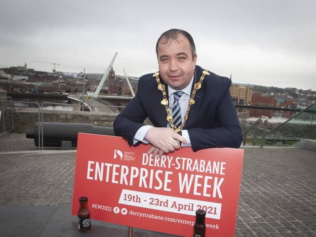 ENTERPRISE WEEK. . . . .The Mayor of Derry City and Strabane District Council, Brian Tierney pictured at Ebrington on Friday morning for the launch of the â€ ̃Level Up Initiative (part of this yearâ€TMs Enterprise Week 2021). This yearâ€TMs Derry-Strabane Enterprise Week will run from 19-23 April. (Photo: Jim McCafferty Photography)