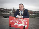 ENTERPRISE WEEK. . . . .The Mayor of Derry City and Strabane District Council, Brian Tierney pictured at Ebrington on Friday morning for the launch of the â€ ̃Level Up Initiative (part of this yearâ€TMs Enterprise Week 2021). This yearâ€TMs Derry-Strabane Enterprise Week will run from 19-23 April. (Photo: Jim McCafferty Photography)