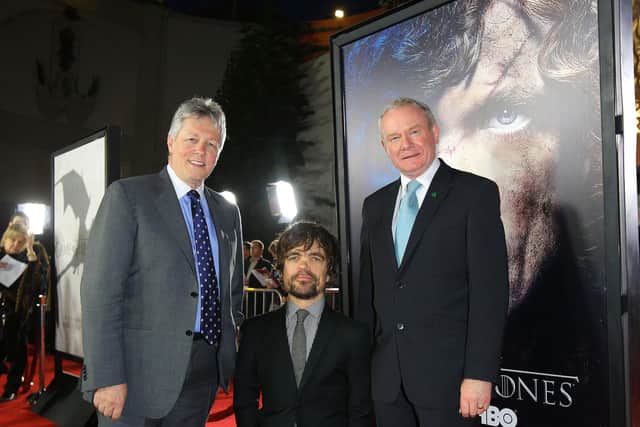 2013: The then First Minister Peter Robinson and deputy First Minister Martin McGuinness at a launch of 'Game of Thrones' in Hollywood Boulevard with actor Peter Dinklage who played Tyrion Lannister in Game of Thrones.......Picture by Kelvin Boyes / Press Eye.