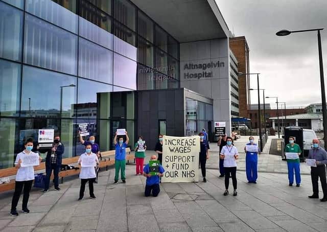 Councillor Maeve O'Neill with coworkers at Altnagelvin Hospital April 1 NHS Pay Day of Action
