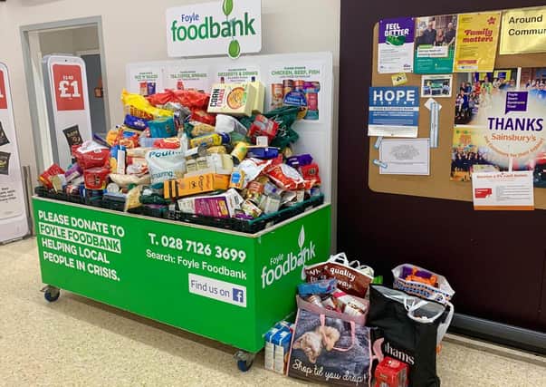 A massive collection of foodbank donations in Sainsbury's.