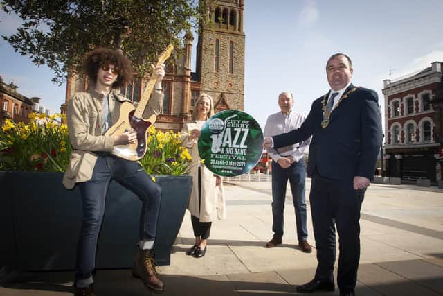 JAZZ FESTIVAL 2021 LAUNCH. . .  The Mayor of Derry City and Strabane District Council Brian Tierney pictured launching the 2021 City of Derry Jazz and Big Band Festival at Guildhall Square on Thursday morning. The festival will run from April 30-May 2. Included are Joseph Leigh, jazz musician, Andrea Campbell, festival organiser, DCSDC and Johnny Murray, former artistic director, City of Derry Jazz and Big Band Festival. (Photo: Jim McCafferty Photography)