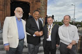 The chairman of the Bloody Sunday Trust, Tony Doherty pictured back in 2017 with the Reverend Jesse Jackson, Robin Percival, Bloody Sunday Trust, and the then Mayor Colr Maolíosa McHugh. DER2417GS020