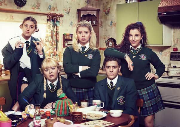 The cast of Derry Girls. Pictured: (L-R) Louisa Harland as Orla, Nicola Coughlan as Clare, Saoirse Monica-Jackson as Erin, Dylan Llewellyn as James Maguire, Jamie-Lee O'Donnell as Michelle.