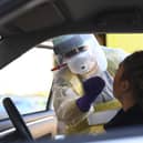 An Emergency Department Nurse during a demonstration of the Coronavirus pod and COVID-19 virus testing procedures set-up beside the Emergency Department of Antrim Area Hospital, Co Antrim in Northern Ireland.