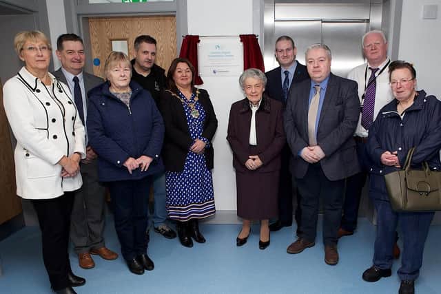 Mayor of Derry City and Strabane District Council, Councillor Michaela who officially opened Lincoln Courts Community Centre. Included on left, are Cllr. Hilary McClintock, Cllr. David Ramsey, Elizabeth Dunn, Secretary, Don McClay, Manager. From right, are Florie Harte, Committee Member, Cllr. Andy McKane, Cllr. Darren Guy, Cllr. Martin Reilly and Mary Hamilton.  (Photo - Tom Heaney, nwpresspics).