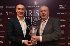 Paul Reilly of Clear Currency presents the Clear Currency Volunteering Excellence Award to Robert Lofty McGonigle during the Turkish Airlines Irish Cricket Awards 2020 at The Marker Hotel in Dublin.
